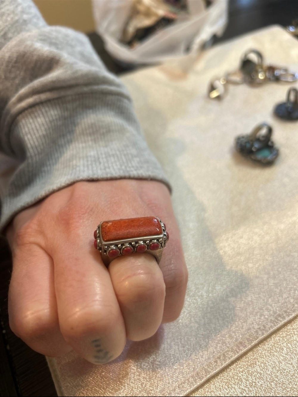 Sterling Silver Rectangular Red Coral Statement Ring